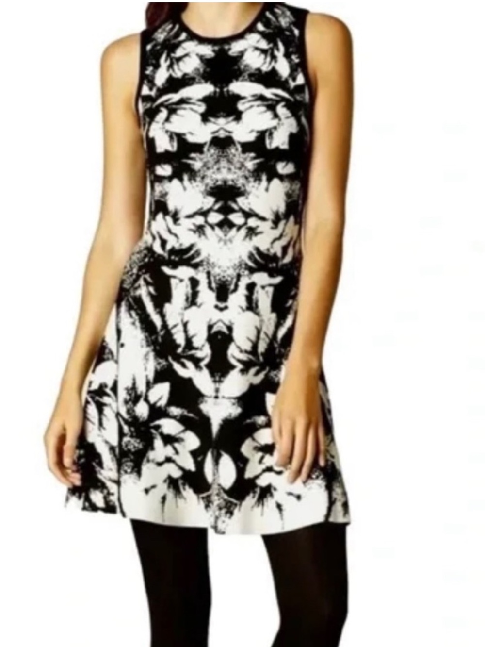 Karen Millen Black and White Floral Fit-and-Flare Dress